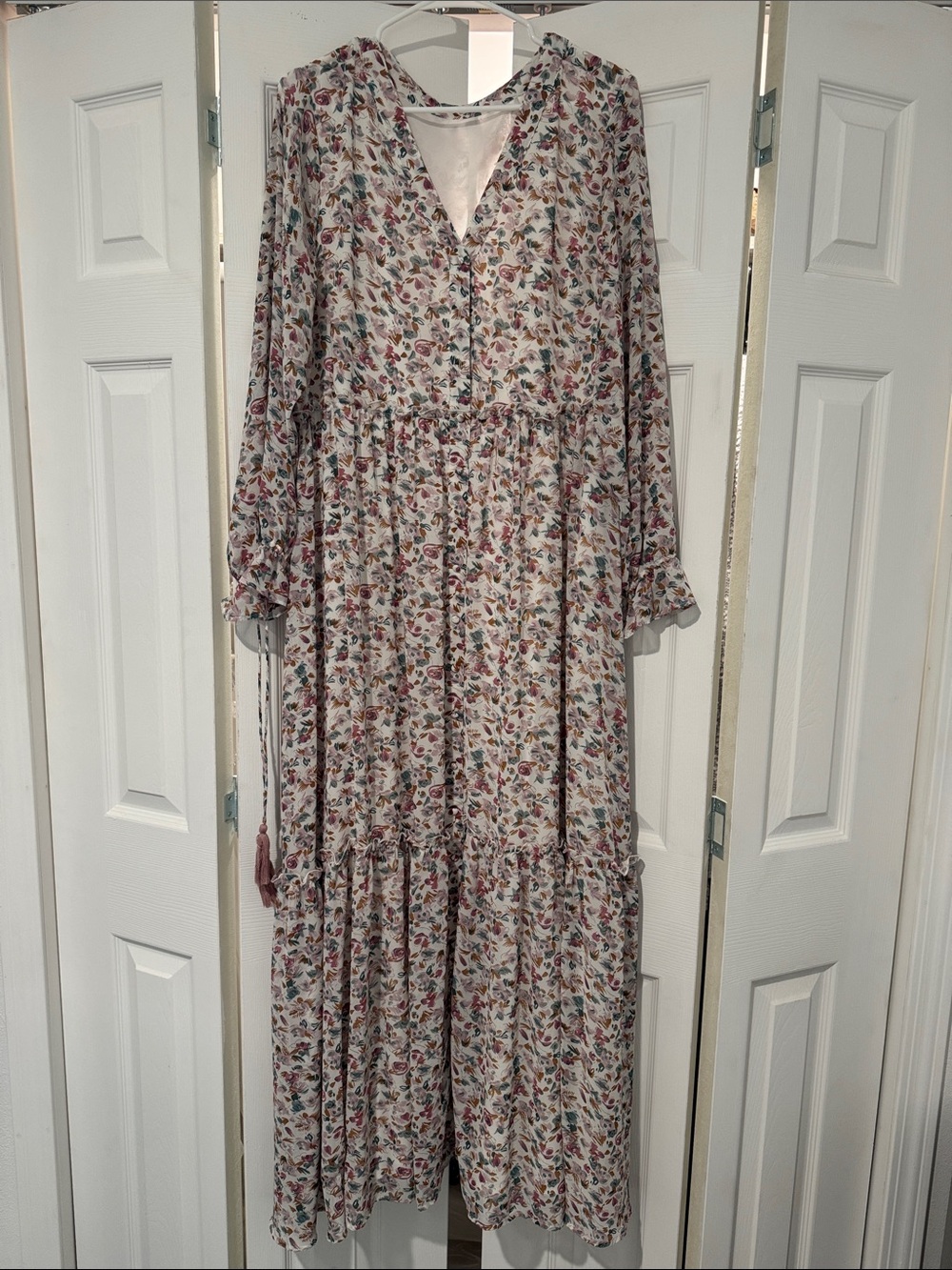 Mikarose Cream Floral Maxi Dress with Pink & Green Accents